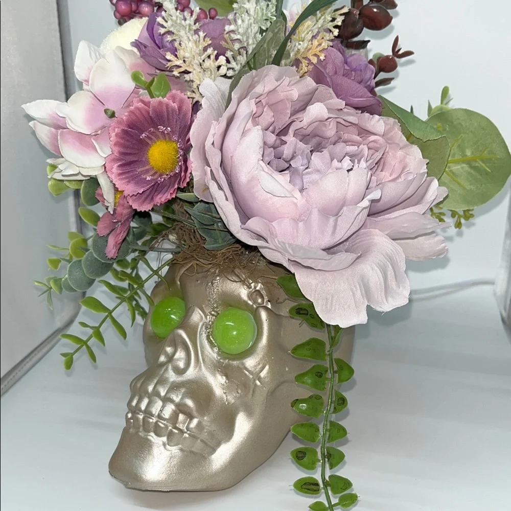 Metallic Skull Vase with Purple Mixed Blooms - Floral - Custom - Hand Made